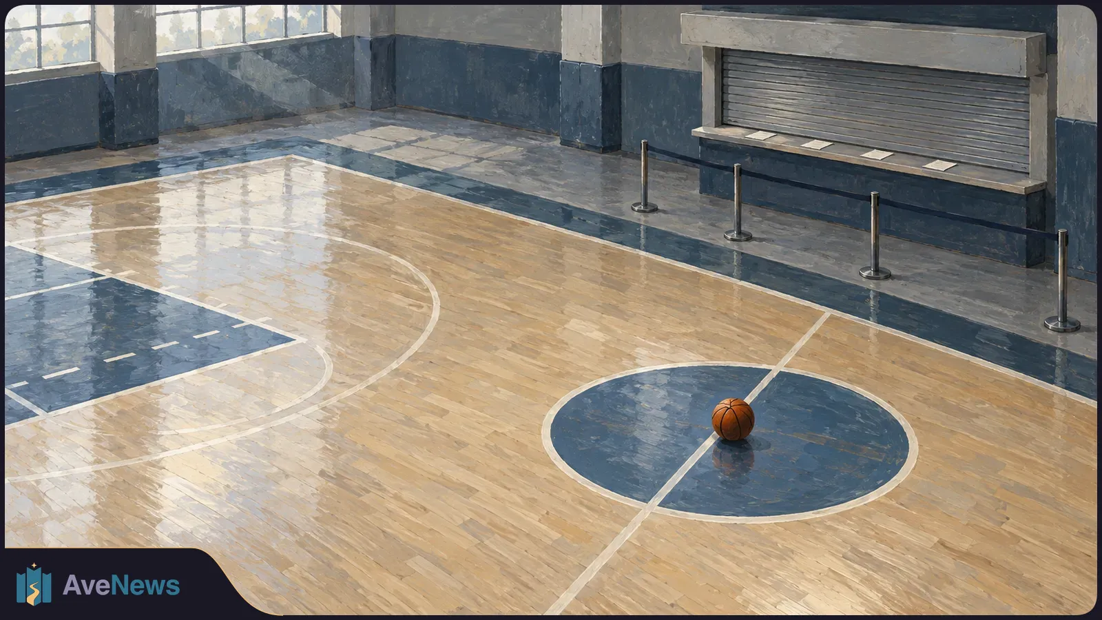 Painted empty basketball court with a lone ball at center, tall windows, and a shuttered counter along the wall. SI illustration