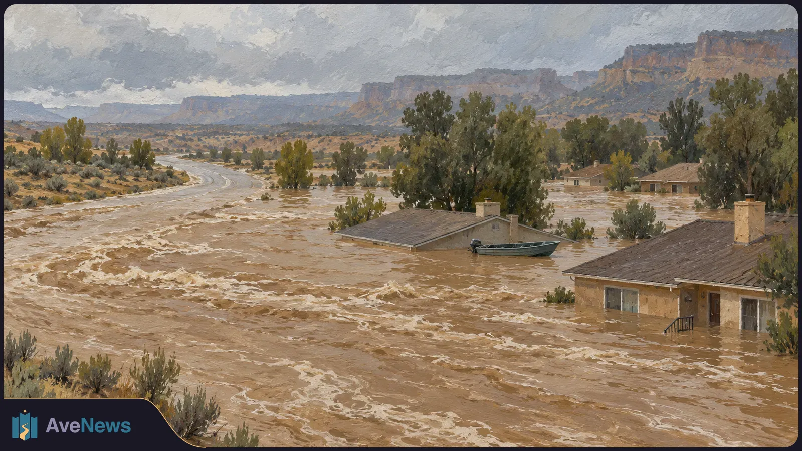 Illustration of muddy floodwater surging around partly submerged houses and trees, with a small boat beside a roof under storm clouds. SI illustration