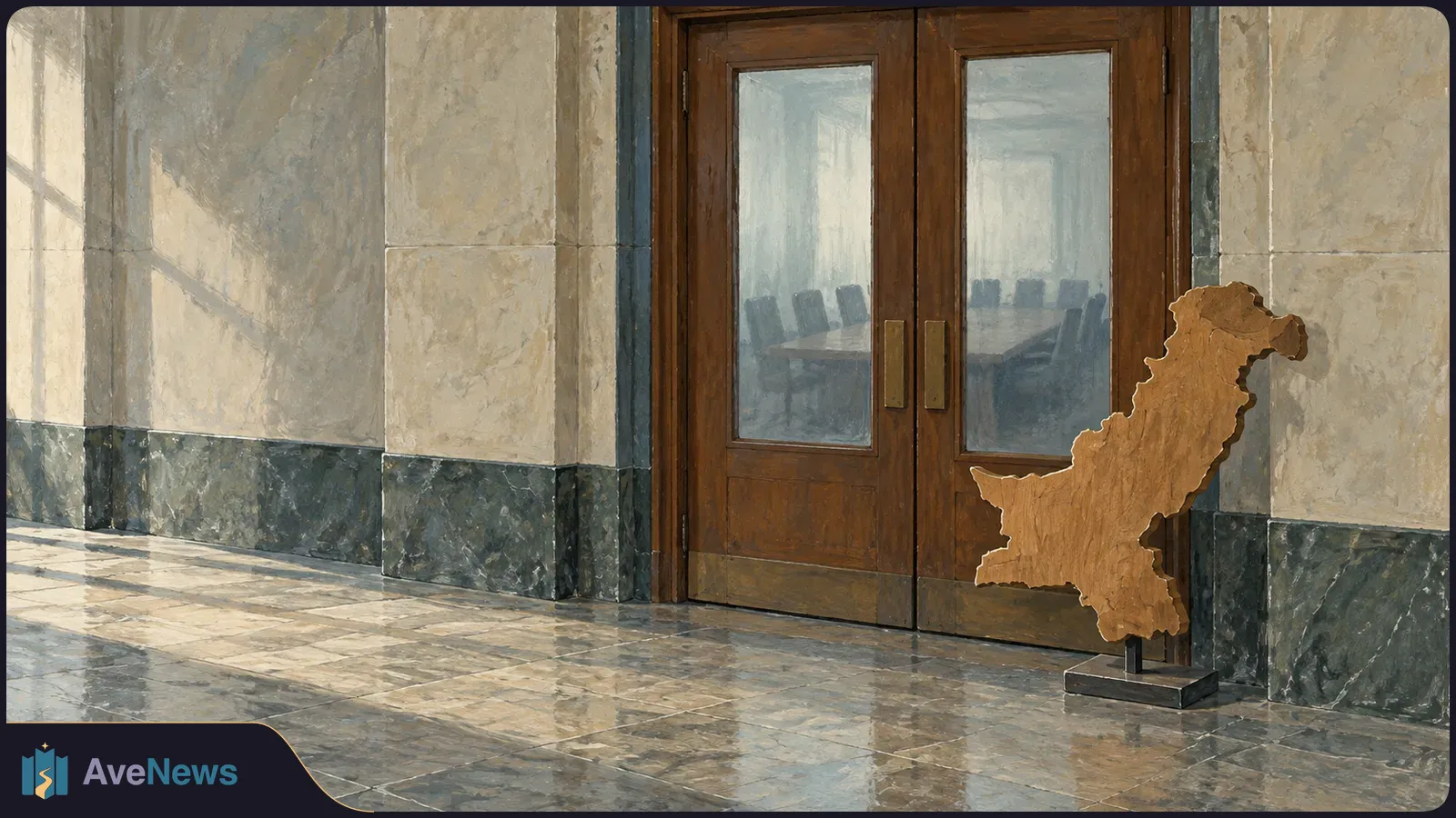 A wooden silhouette of Pakistan stands beside glass-paneled doors, with an empty conference table and chairs visible beyond. SI illustration