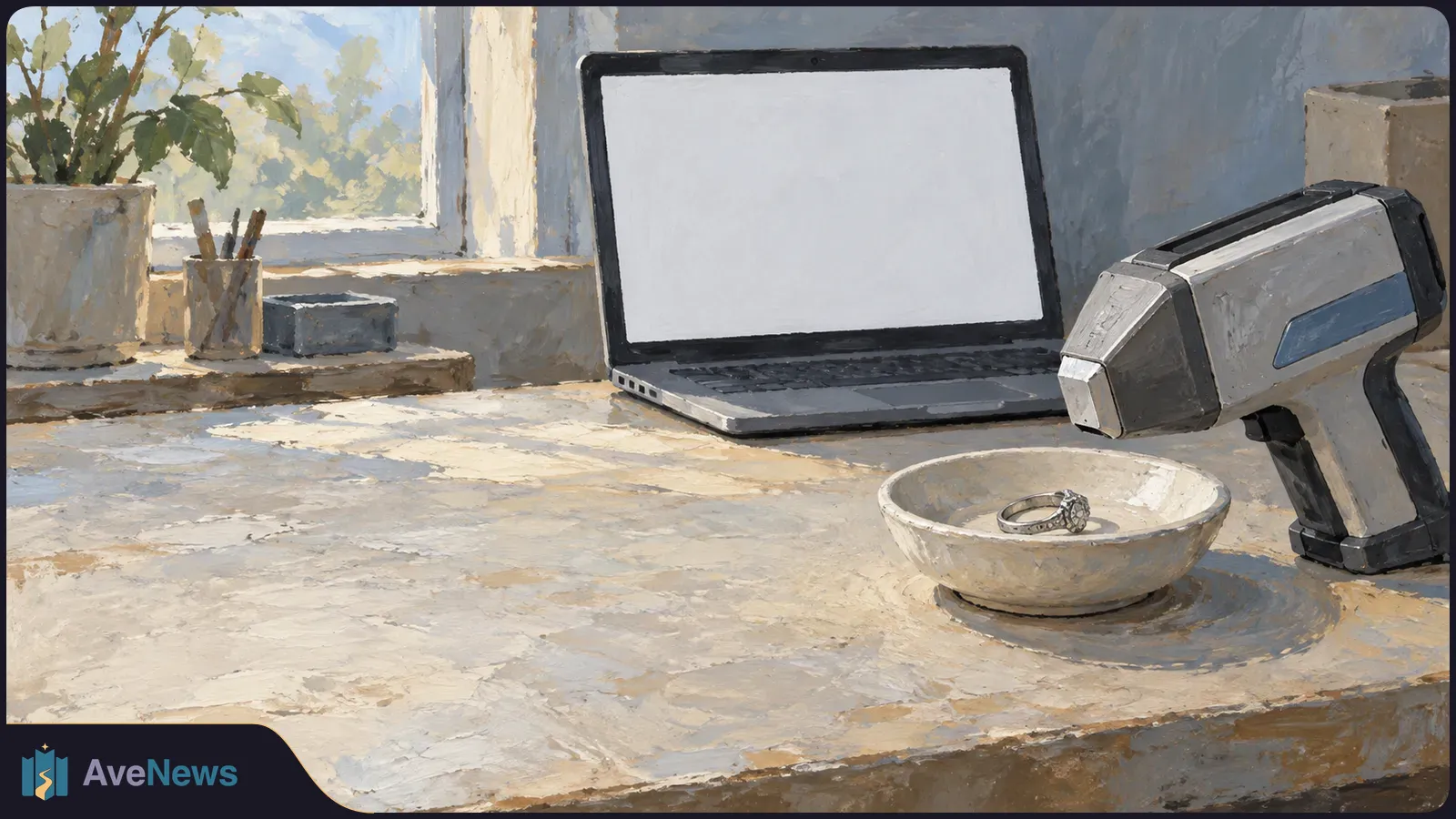 Painted scene of a ring in a shallow bowl beside a handheld testing device and a laptop with a blank screen. SI illustration