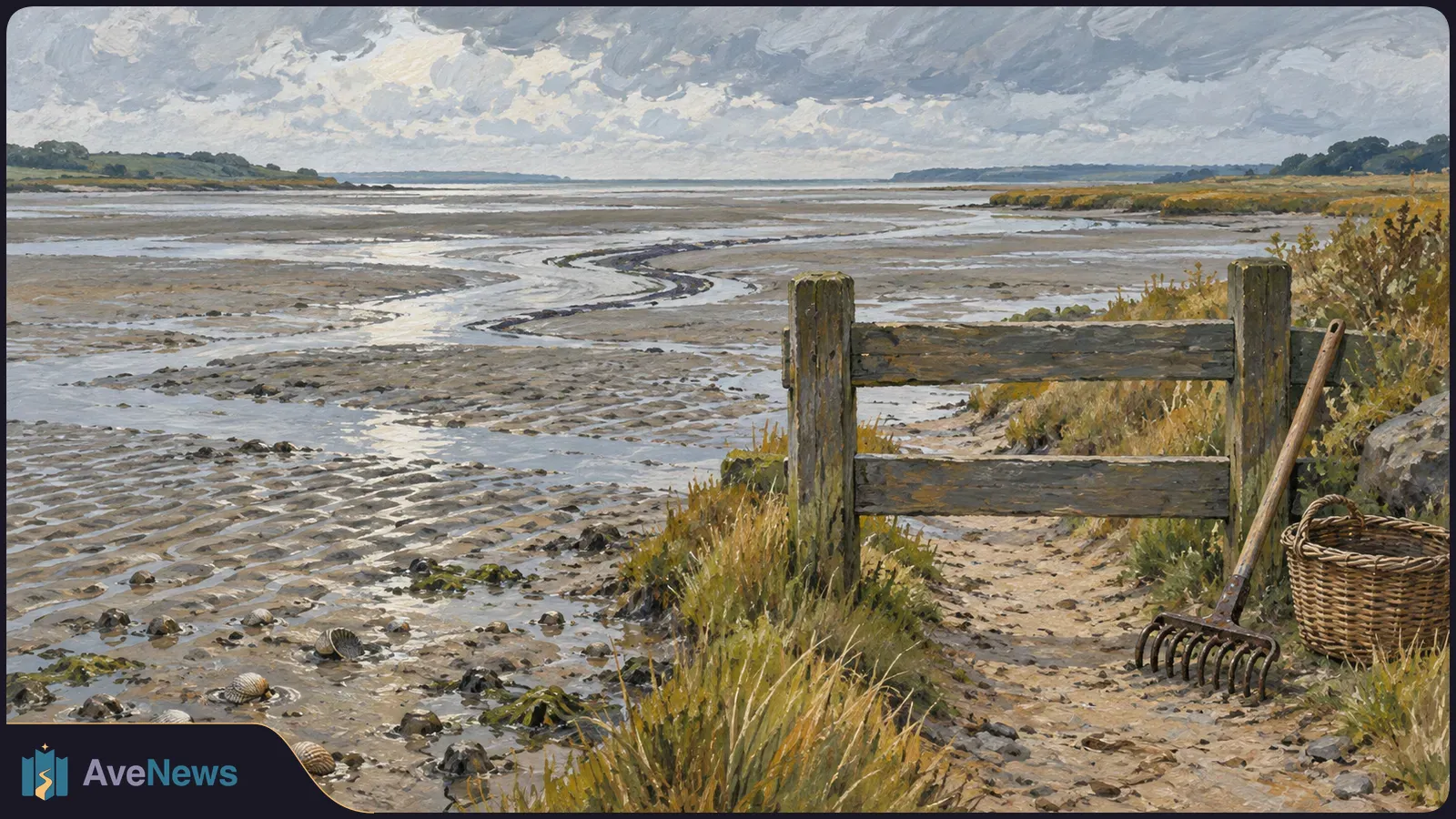 A painted tidal flat at low tide, with shells in the mud and a wicker basket and rake beside a wooden barrier under a cloudy sky. SI illustration