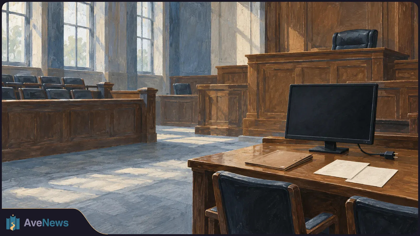 Painted empty courtroom with wooden benches and a judge’s bench; a blank monitor, folder and papers sit on a desk in the foreground. SI illustration