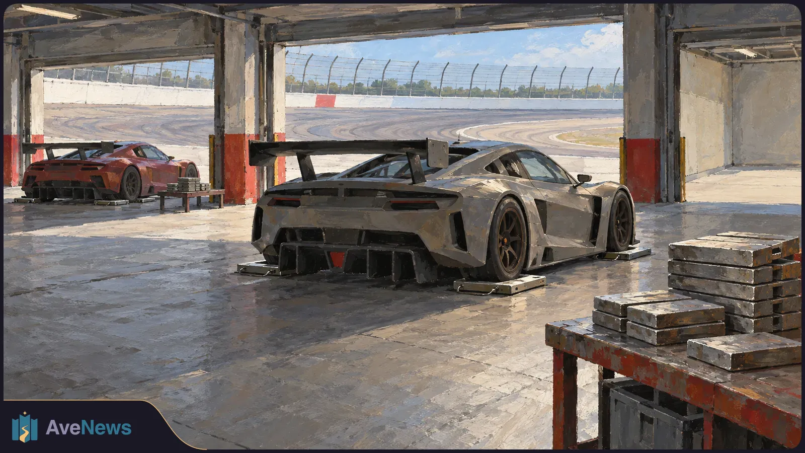 Painterly view of two winged race cars in a pit garage, with stacks of rectangular metal blocks nearby and a racetrack beyond. SI illustration