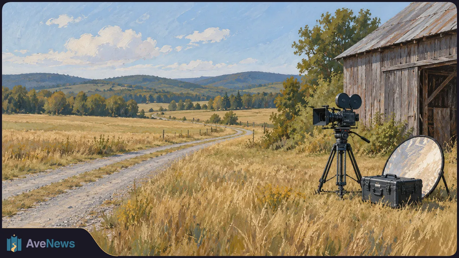 Painted rural landscape with a film camera on a tripod beside a wooden barn, a reflector and equipment case in the grass, and a winding road through fields. SI illustration