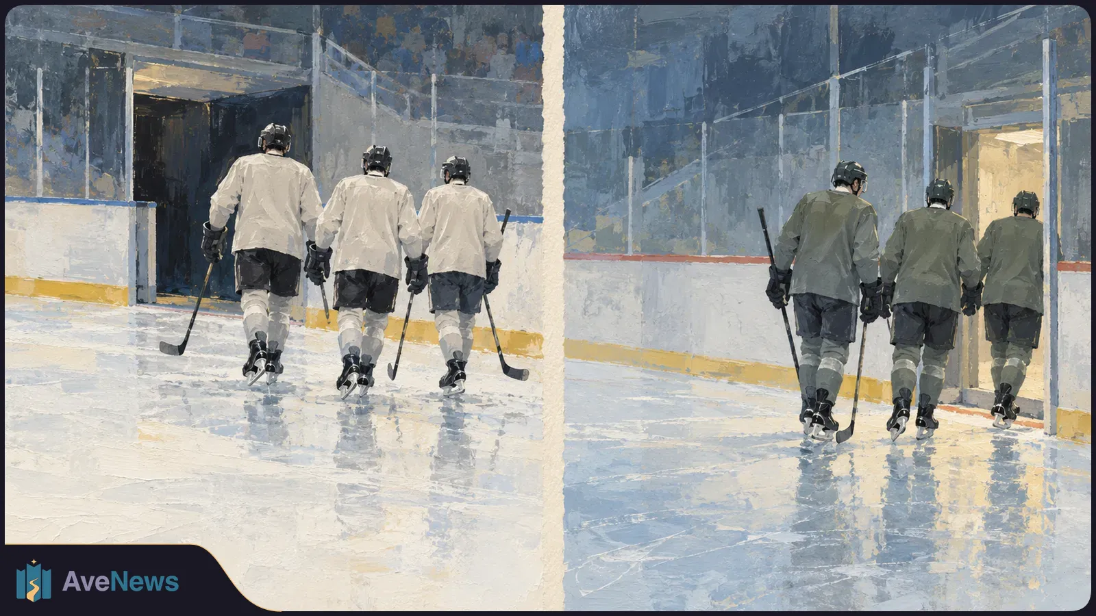 A painted split scene shows two groups of three hockey players skating away on an ice rink, carrying sticks; one group wears white, the other dark green. SI illustration
