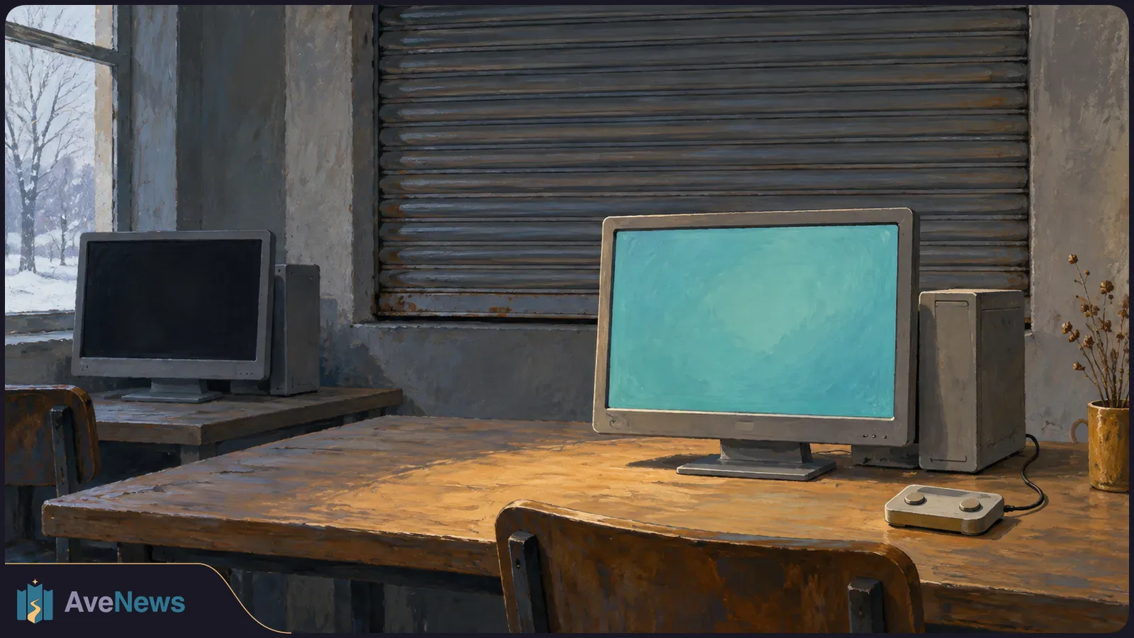 Two older desktop computers sit on worn wooden desks; one screen glows turquoise and the other is dark. A small wired controller rests beside them, with a closed metal shutter behind. SI illustration