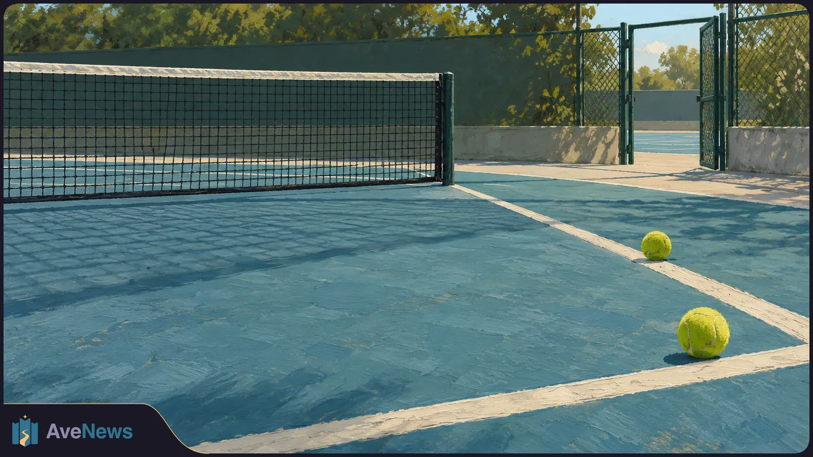 Painted view of an empty blue tennis court with a net, two yellow balls near white lines, and an open chain-link gate beyond. SI illustration