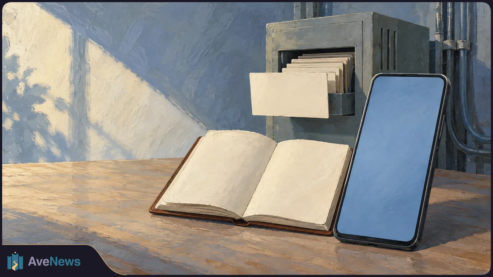 Painted illustration of a blank-screen phone beside an open blank book, with a box of file cards behind them on a tabletop. SI illustration