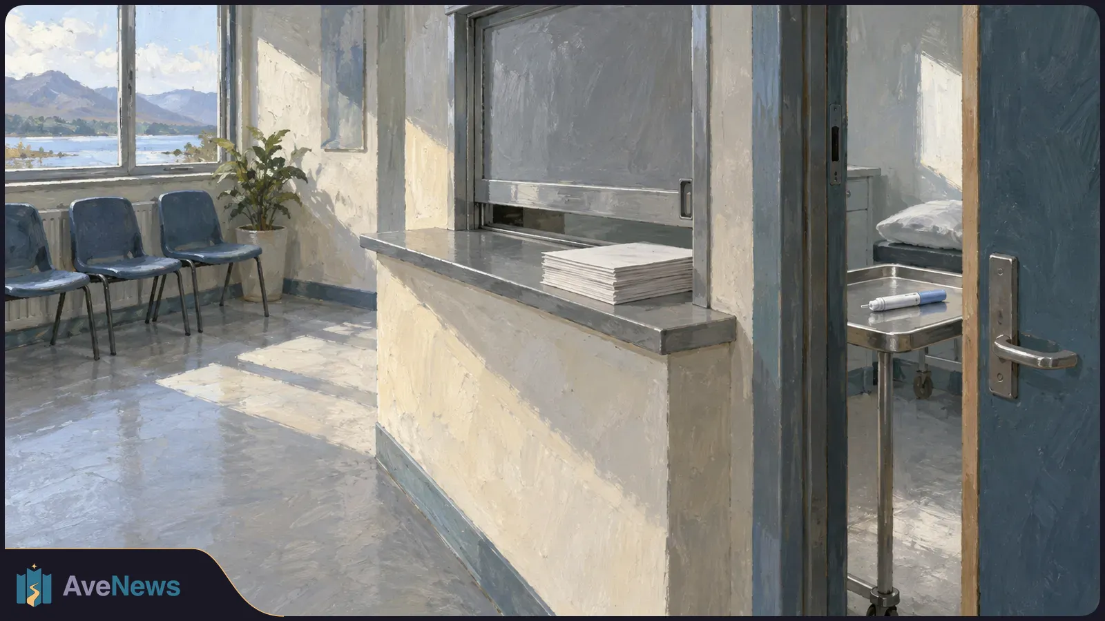 Painted clinic waiting area with blue chairs, a service counter, and an open treatment-room door; an injection pen rests on a metal tray beside a bed. SI illustration