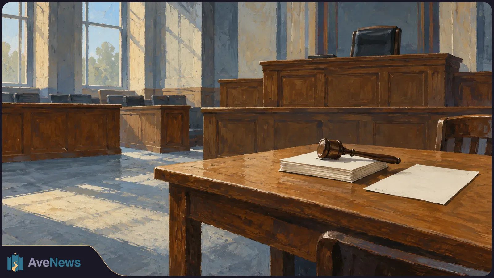 Painted empty courtroom with a judge’s bench in the background and a gavel resting on blank papers on a wooden table. SI illustration