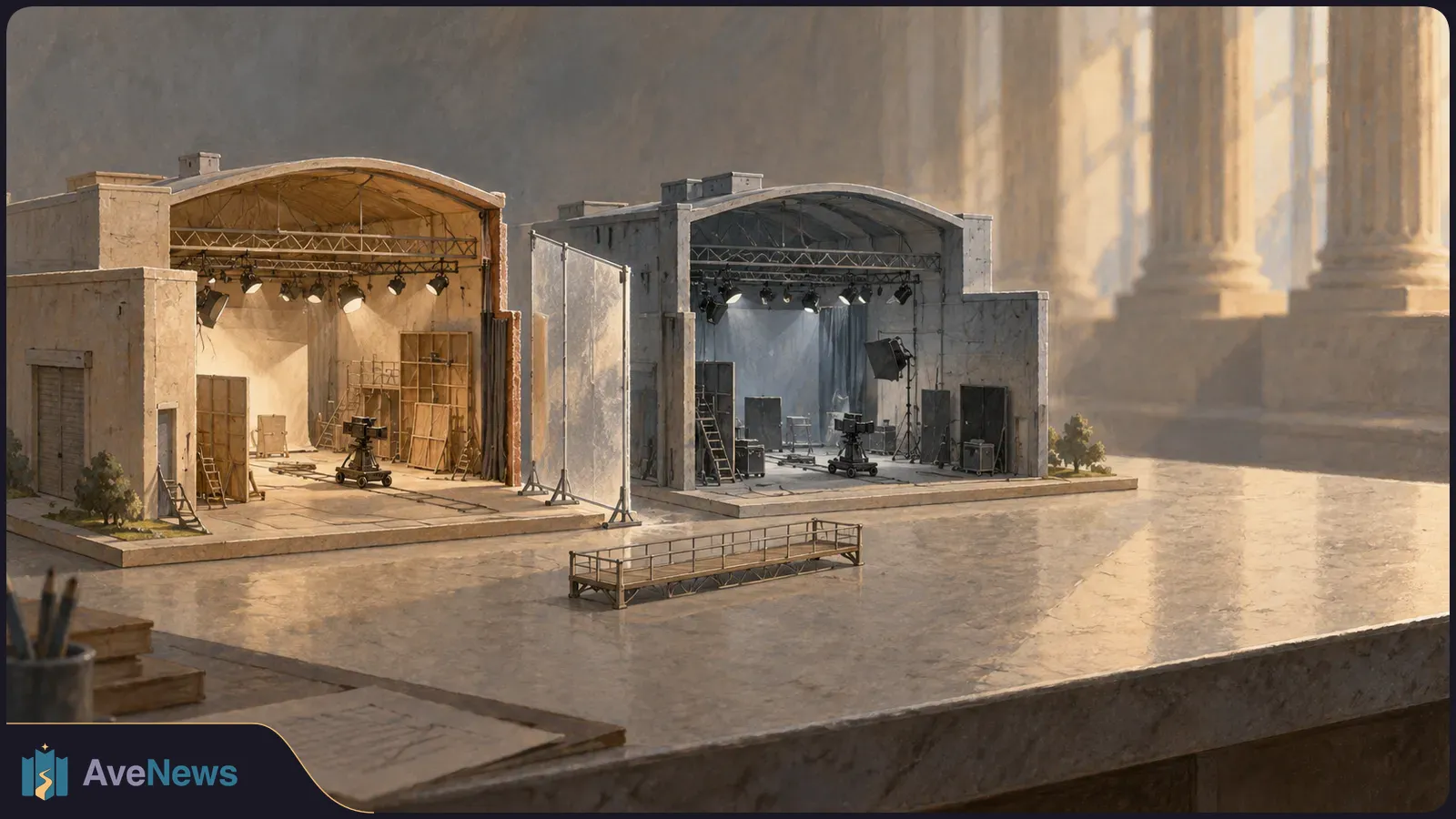 Two open film-studio sets with lights and cameras stand apart behind a translucent divider, with tall stone columns in the background. SI illustration