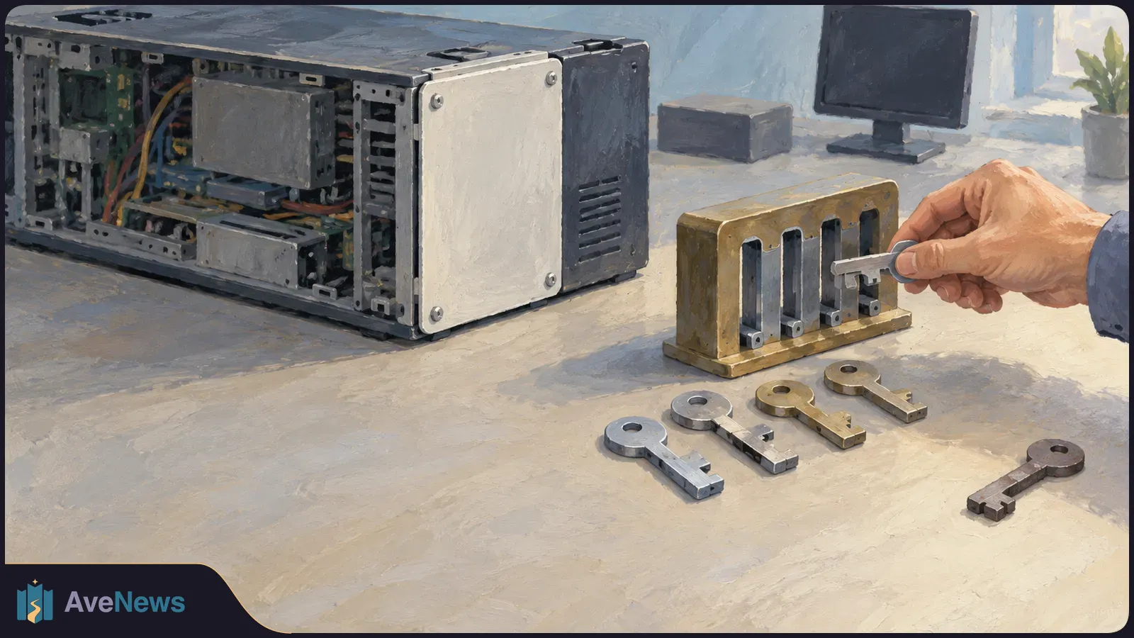 Painted scene of an open computer case beside a rack of keyholes; a hand holds a key near one slot, with several keys on the desk and a blank monitor behind. SI illustration