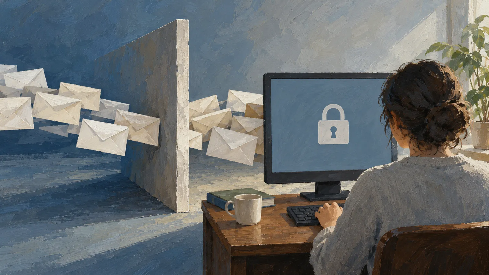 A painted illustration shows a person at a desk facing a monitor with a closed padlock, while envelopes float around a tall partition. SI illustration