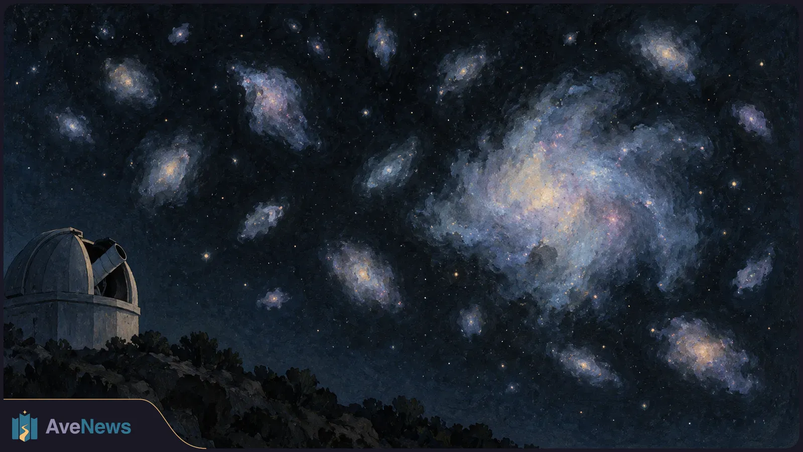 A domed observatory with a telescope stands on a dark hillside beneath a star-filled sky dotted with glowing galaxies. SI illustration