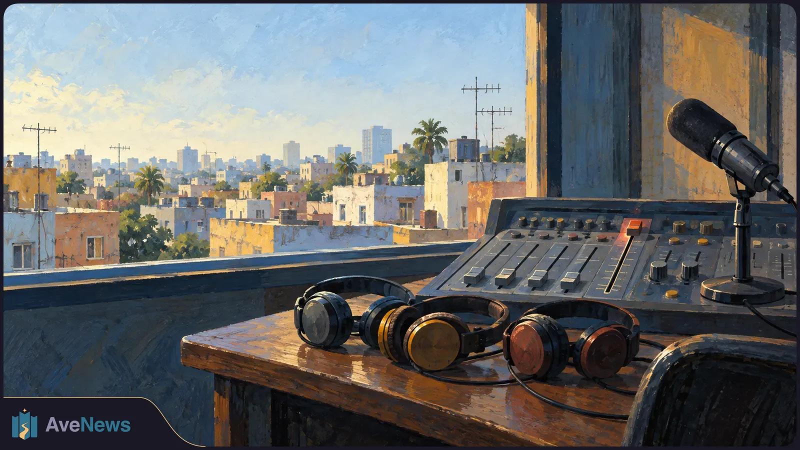 Painted scene of a microphone, audio mixer and two pairs of headphones on a wooden desk overlooking a sunny cityscape with palm trees. SI illustration