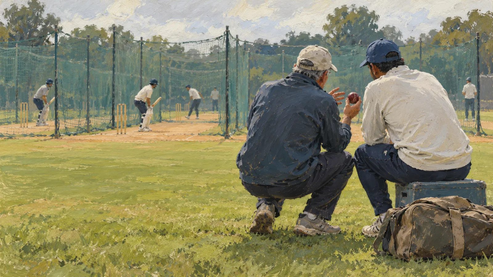 Painted cricket practice scene: two men sit beside a kit bag in the foreground, one holding a ball, while players bat inside netted lanes behind them. SI illustration
