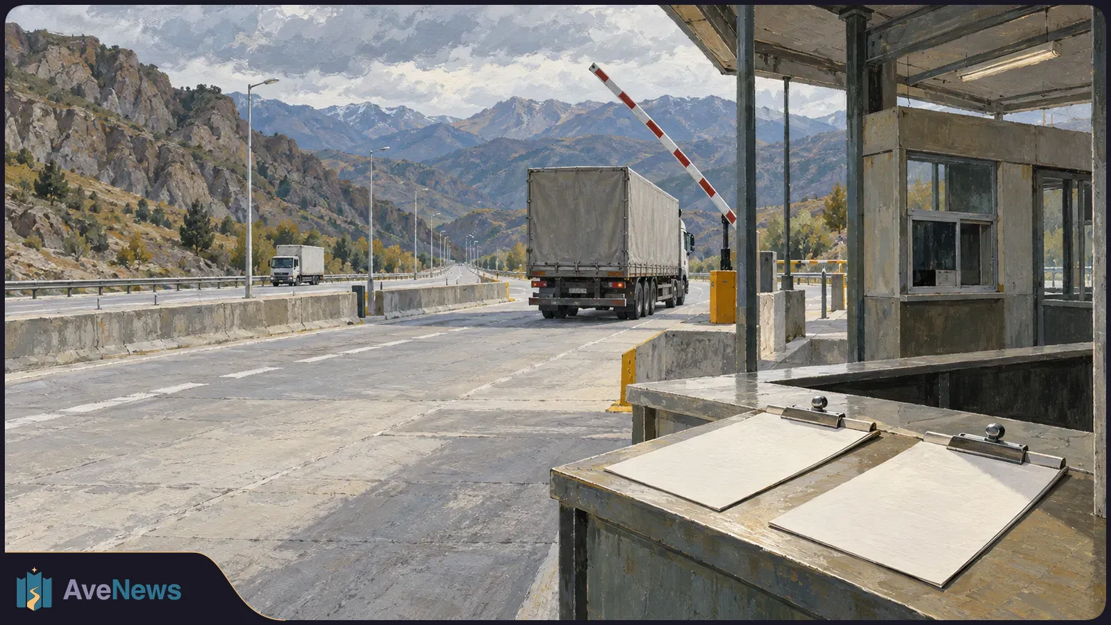 Painted mountain road checkpoint with two freight trucks, a raised barrier, a booth and two blank clipboards in the foreground. SI illustration