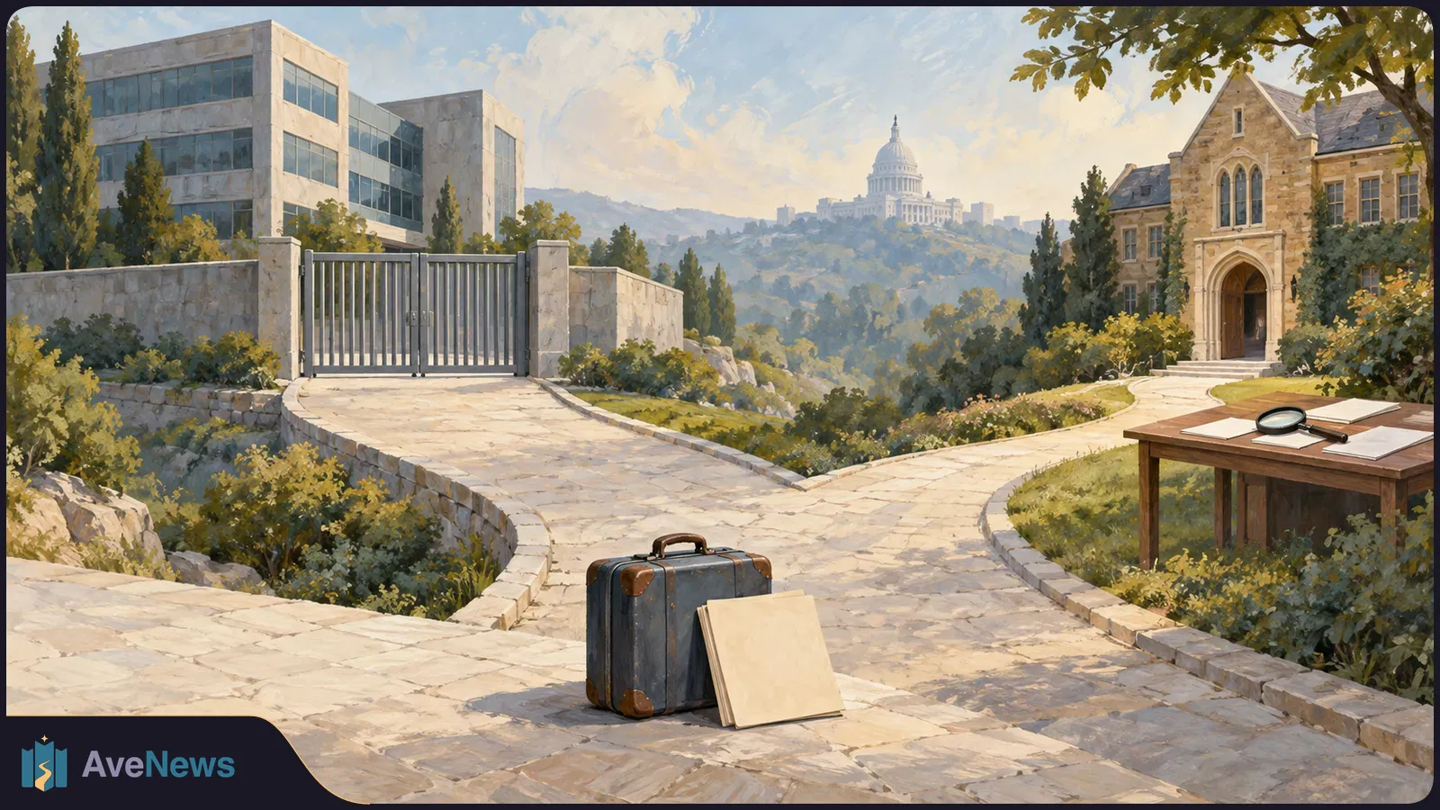 A suitcase and blank folder sit on a forked path between a gated office building and a stone building. Papers and a magnifier lie on a table; the US Capitol stands in the distance. SI illustration