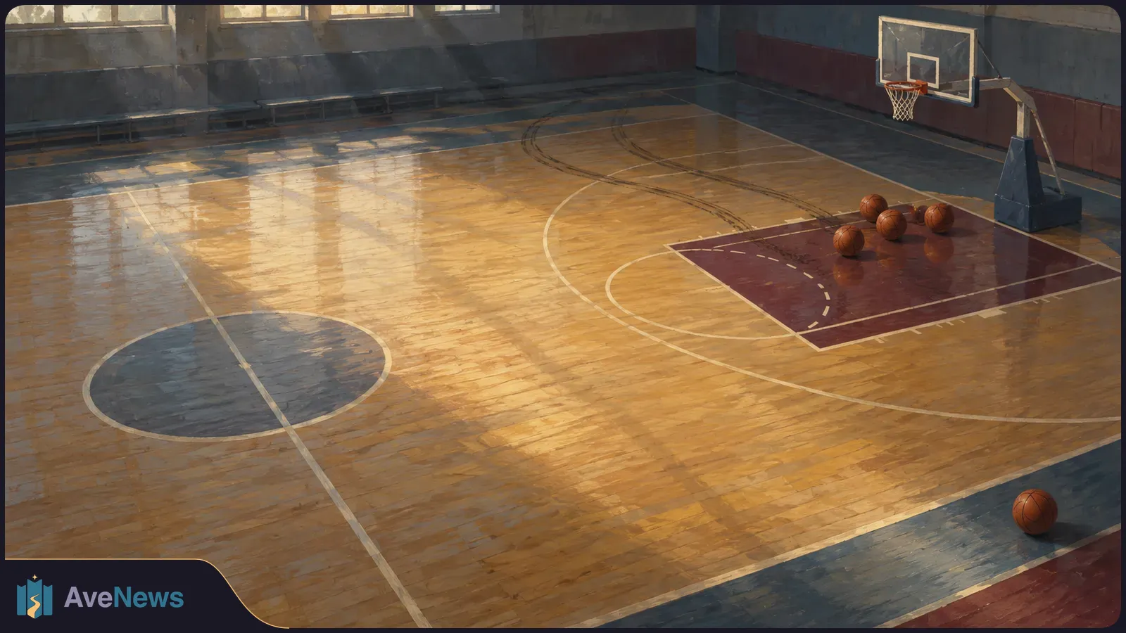 An empty, sunlit basketball court with four balls grouped beneath the hoop and a fifth ball alone near the sideline. SI illustration