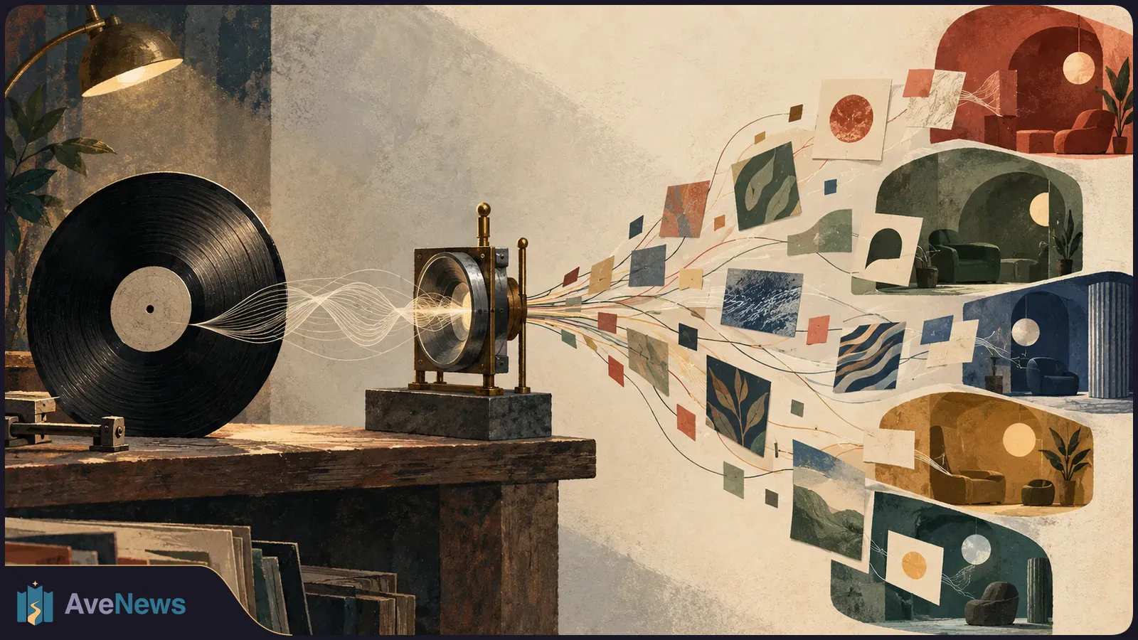 A large vinyl record sends glowing wave lines through a brass device toward floating artwork and several stylized rooms. SI illustration