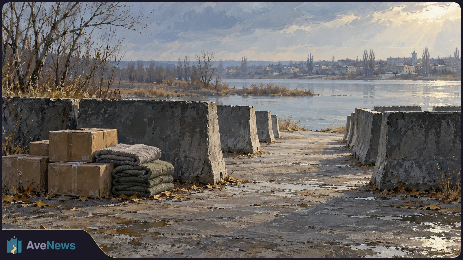 Cardboard boxes and folded blankets sit beside concrete barriers on a leaf-strewn road by a river, with buildings and bare trees on the far bank. SI illustration