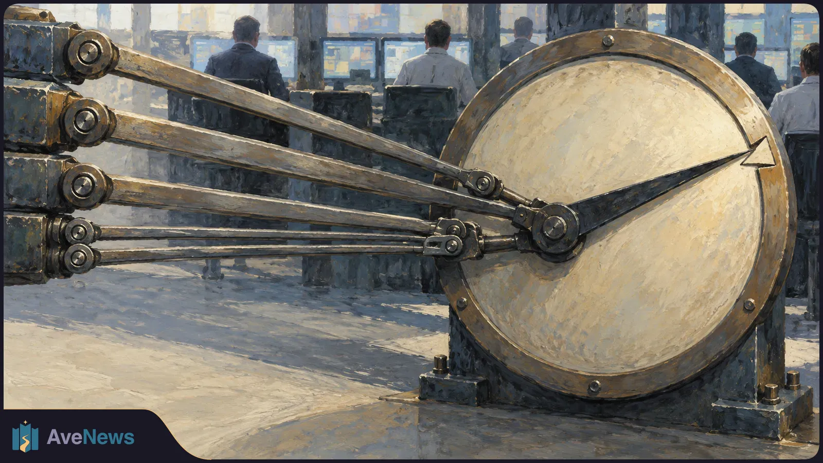 Painterly illustration of a large mechanical dial and linked levers in the foreground, with people seated at computer screens behind it. SI illustration
