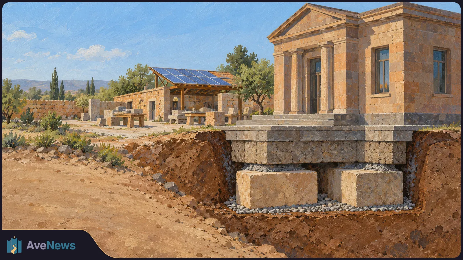 Painted scene of a columned stone building beside a solar-panel canopy and stoneworking tables. A cutaway in the foreground shows large foundation blocks set in gravel and earth. SI illustration
