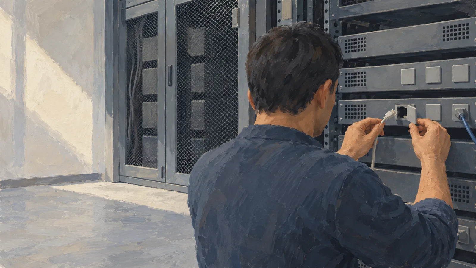 Illustration of a person seen from behind holding a cable and an open port cover beside a rack of equipment. SI illustration