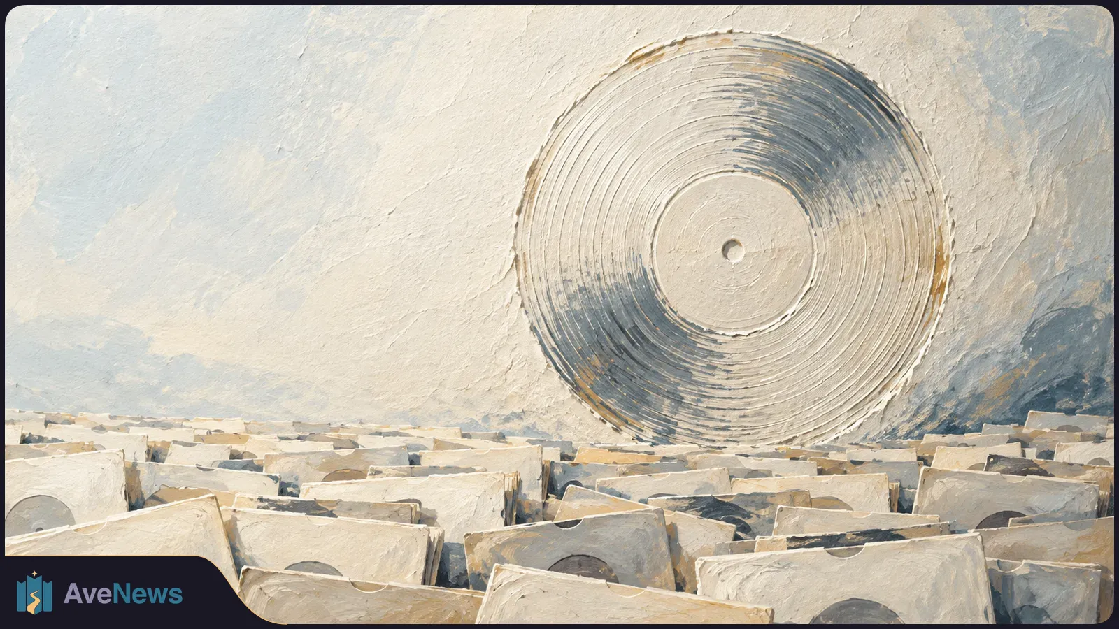 Painterly illustration of a large vinyl record above rows of record sleeves in muted cream and blue-gray tones. SI illustration