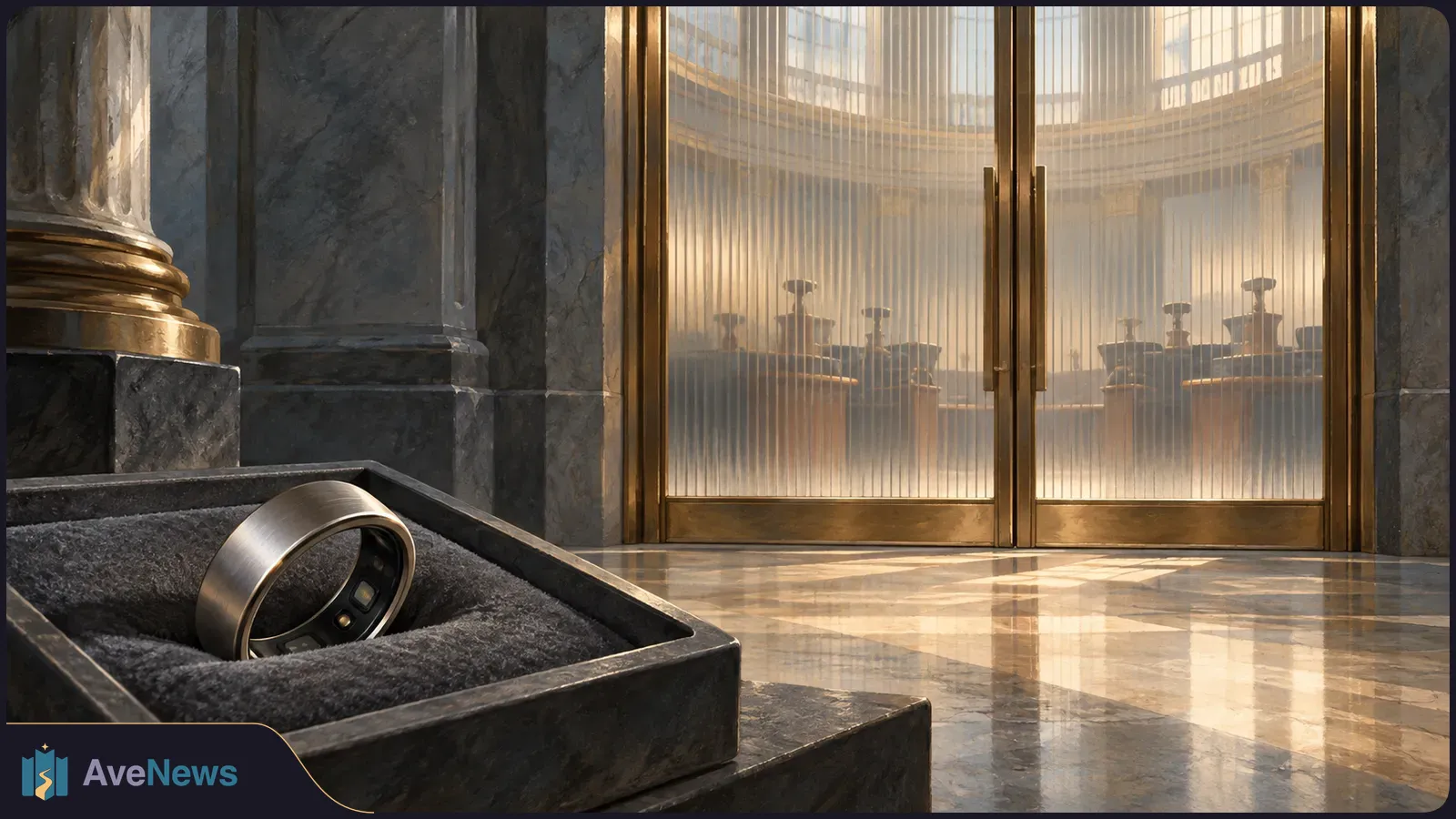 A metallic smart ring rests in a velvet-lined box before closed frosted-glass doors in a grand stone hall. SI illustration