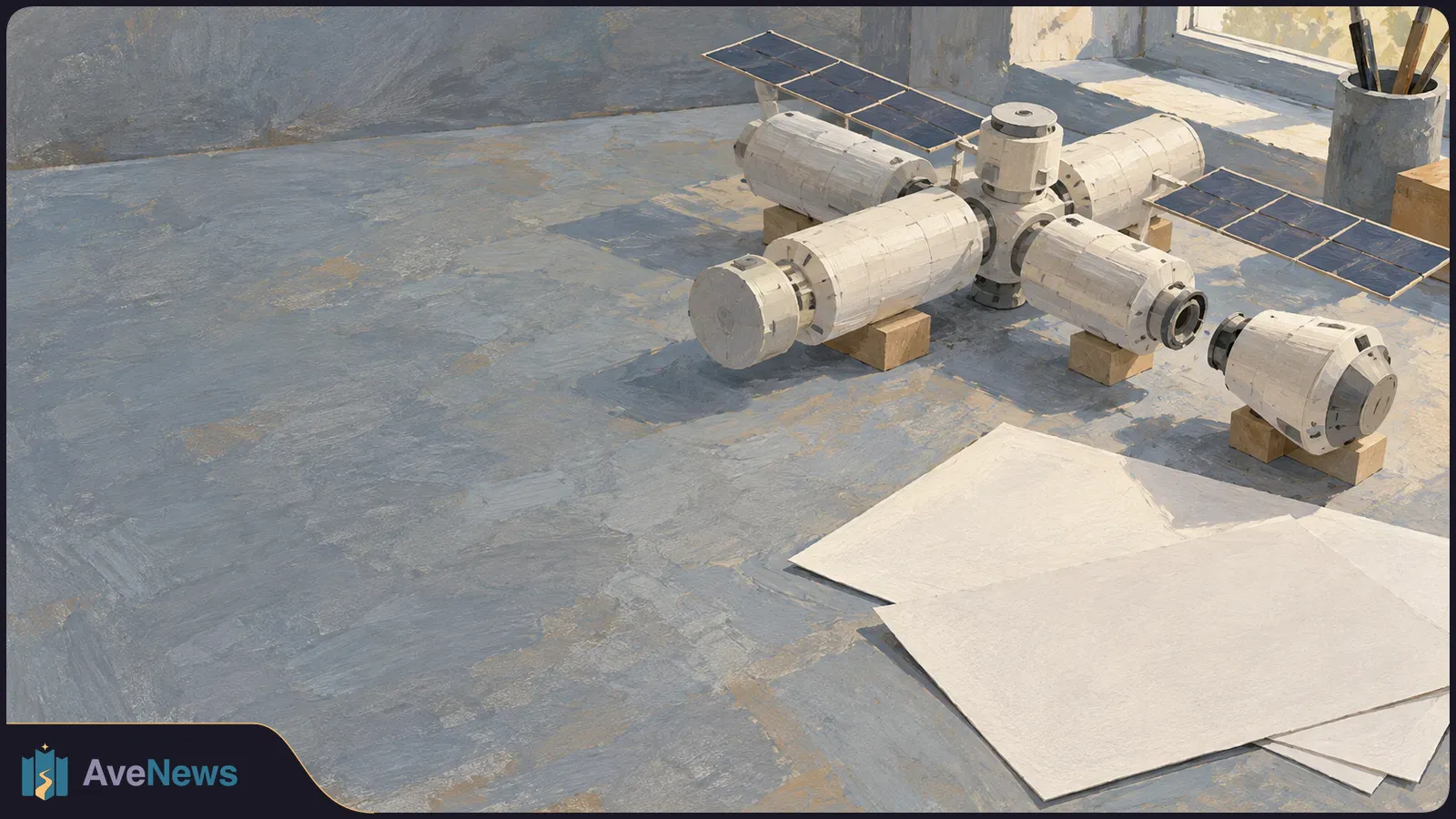A painted model of a modular space station with solar panels sits beside a separate cylindrical module and blank sheets on a sunlit table. SI illustration