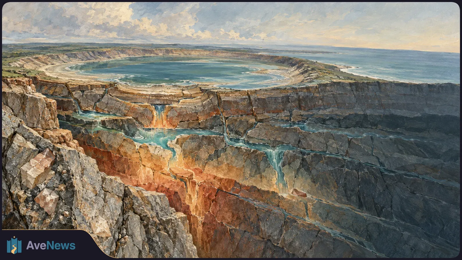 Painted cutaway of a broad, water-filled circular basin beside the sea, with streams flowing through cracks in the rock below. SI illustration