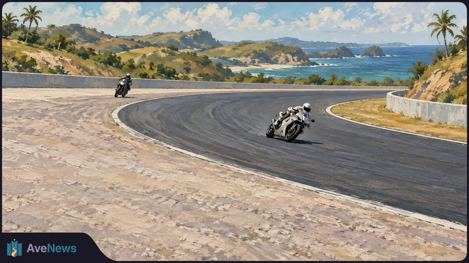 Painted scene of two helmeted motorcyclists leaning through a racetrack bend, with palm trees, hills and the sea beyond. SI illustration