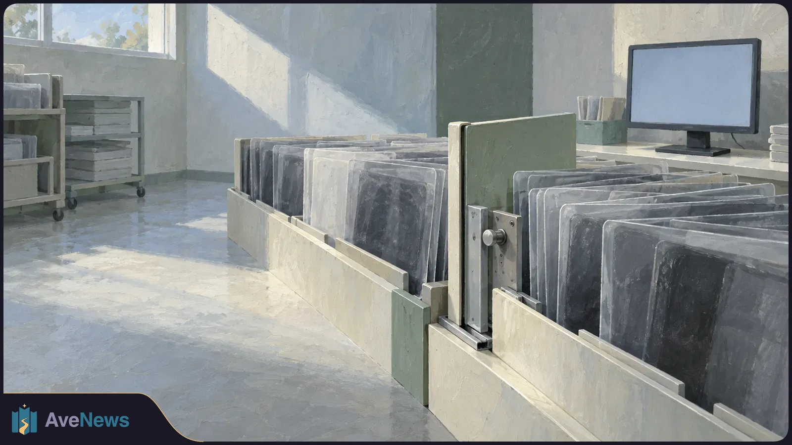 A painted, sunlit room with rows of dark translucent image plates in storage racks and a blank computer monitor. SI illustration