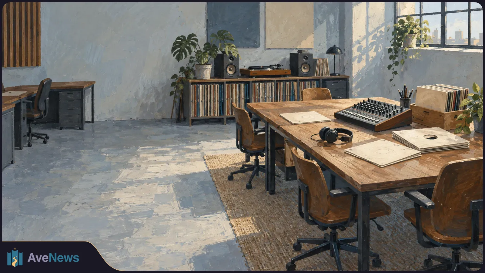 Painted, sunlit music workspace with a turntable, speakers, mixing console, headphones and shelves of vinyl records around a wooden table. SI illustration