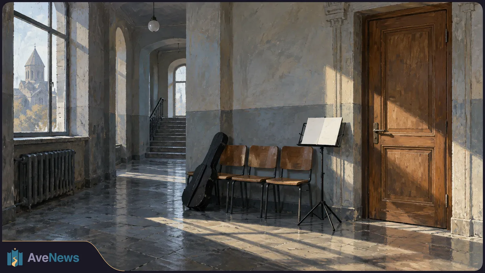 Sunlit, painterly hallway with three chairs, a black instrument case and a music stand beside a wooden door; a church is visible through the window. SI illustration