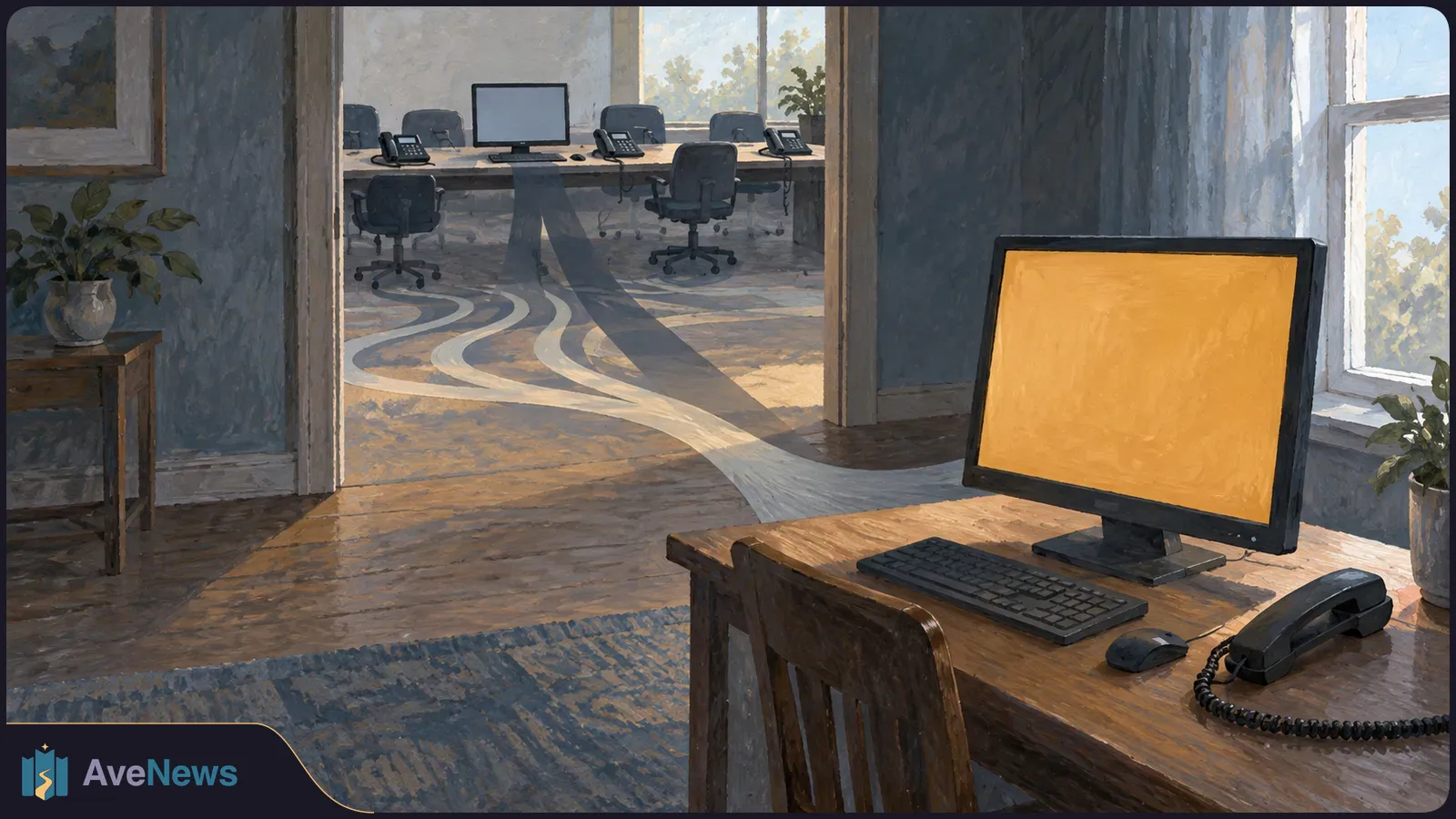 Painted office scene with a blank orange computer screen, keyboard and desk phone in front. Through a doorway, an empty room has more chairs, phones and a monitor. SI illustration