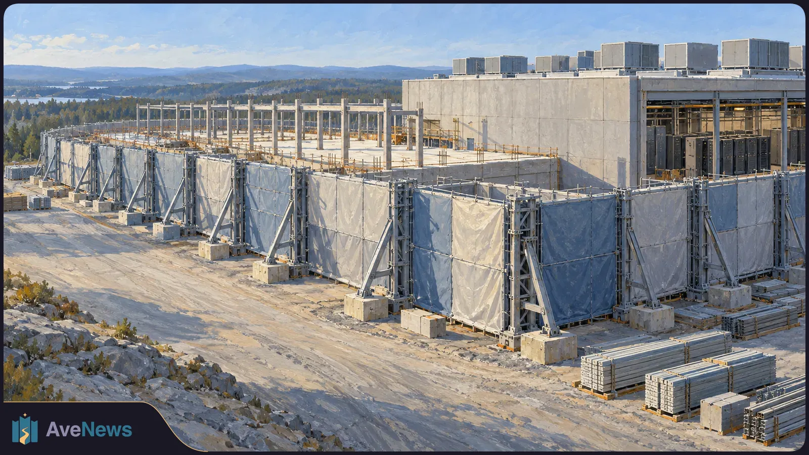 Painted view of a data-centre construction site, with steel framing and covered barriers in front of a large building. Equipment racks are visible through an open bay. SI illustration