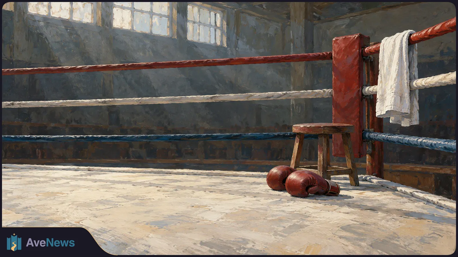 Painterly view of an empty boxing ring corner, with red gloves on the canvas beside a wooden stool and a white towel draped over the ropes. SI illustration