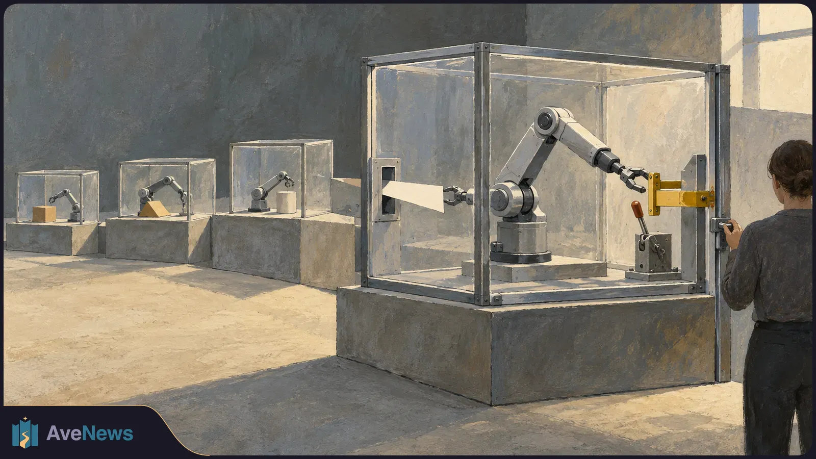 Illustration of four robotic arms in glass enclosures on pedestals. A person holds a handle beside the largest enclosure. SI illustration