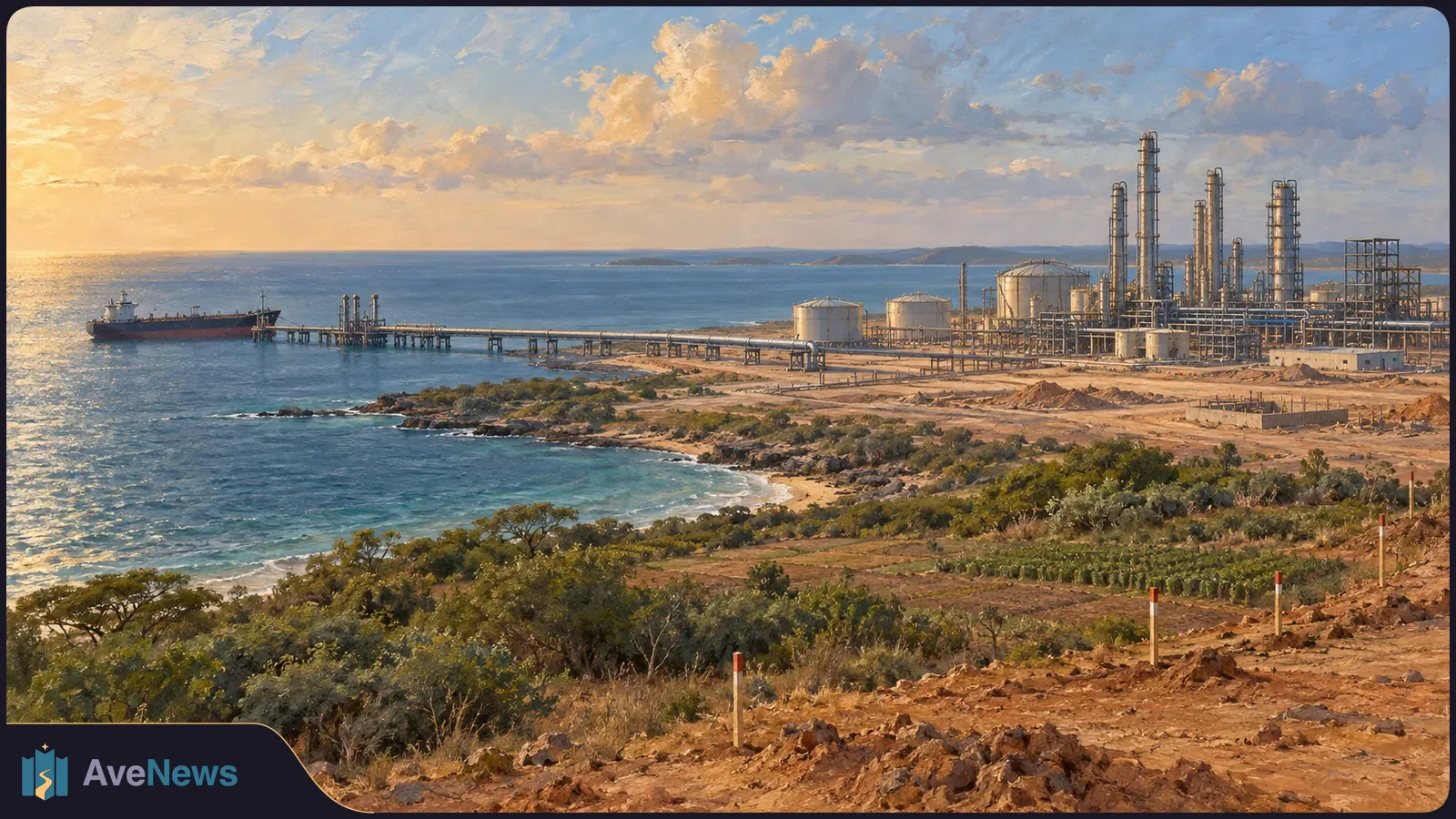 Painted coastal oil refinery with storage tanks and tall processing towers beside a long pier and tanker ship, viewed across a rocky shoreline at sunset. SI illustration