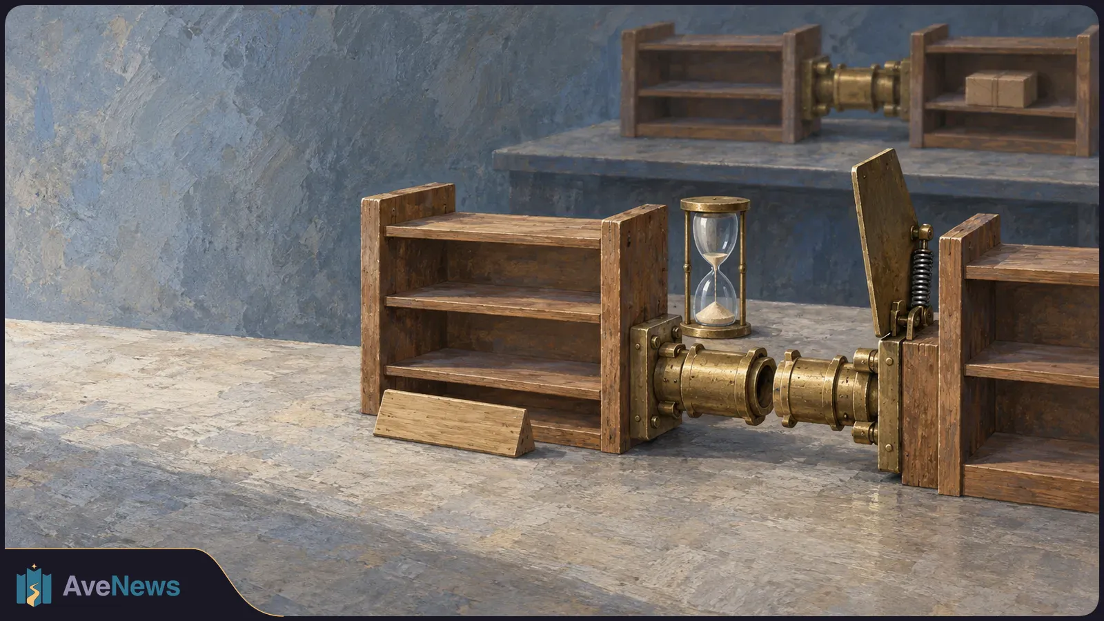 Painterly wooden shelves with separated brass connectors and an hourglass in front; behind them, connected shelves hold a small parcel. SI illustration