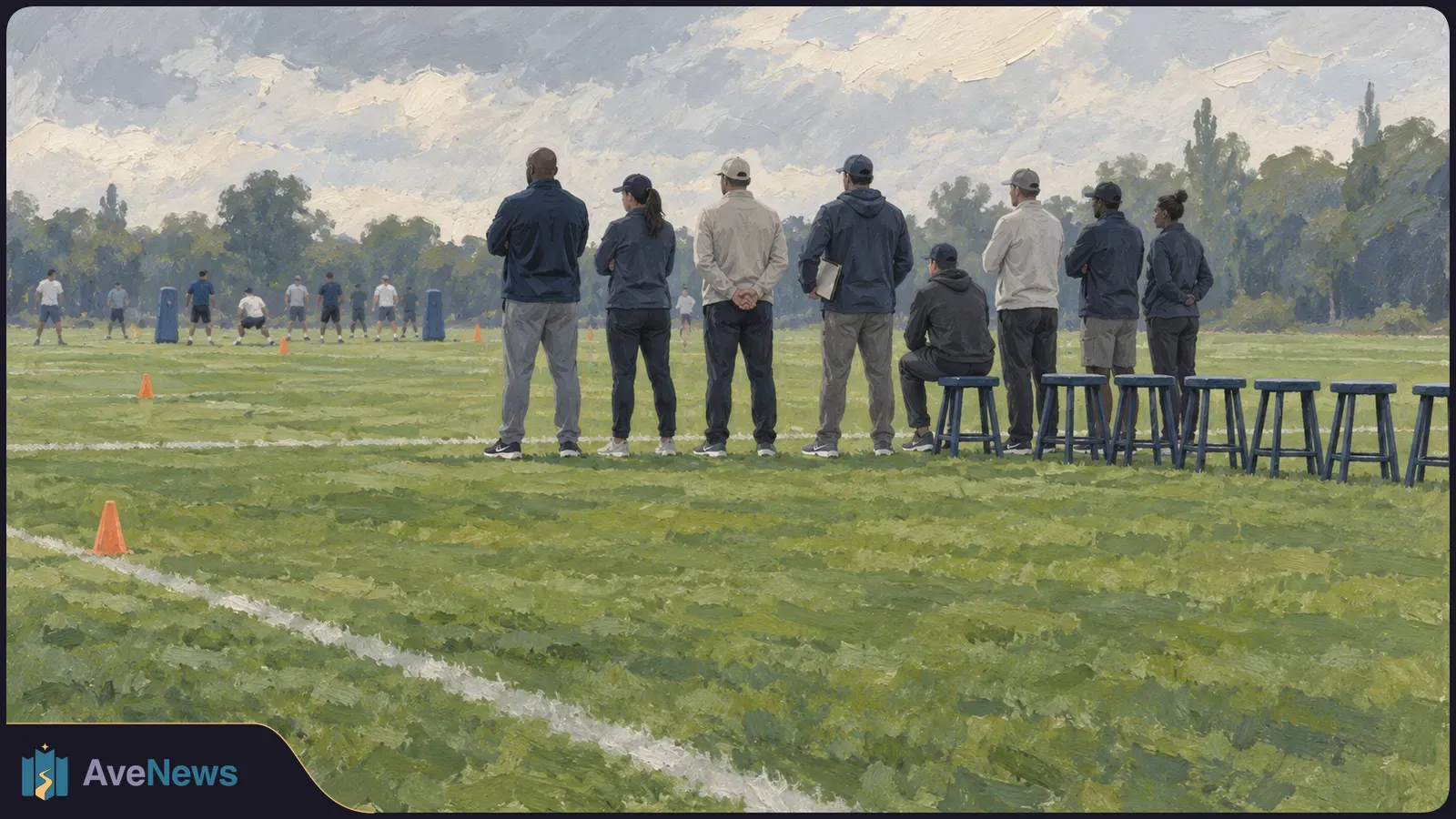 Painted scene of a group of adults watching players practice among orange cones on a marked grassy field, with a row of stools beside them. SI illustration