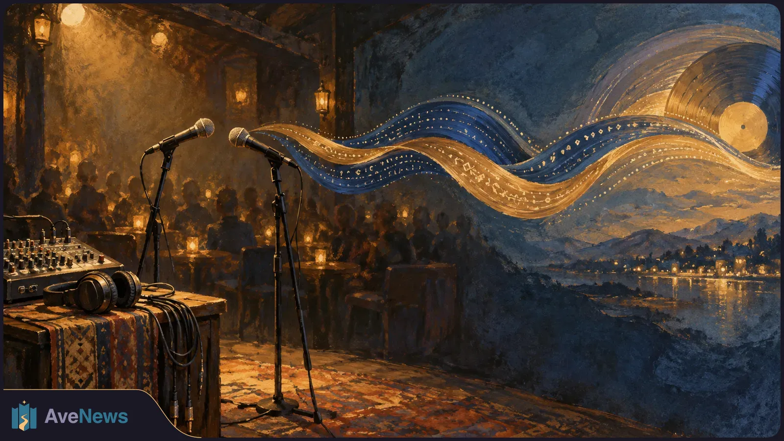 Painted scene of two microphones before a dim audience, with a mixer and headphones at left. Glowing musical ribbons flow toward a moonlit landscape and record at right. SI illustration