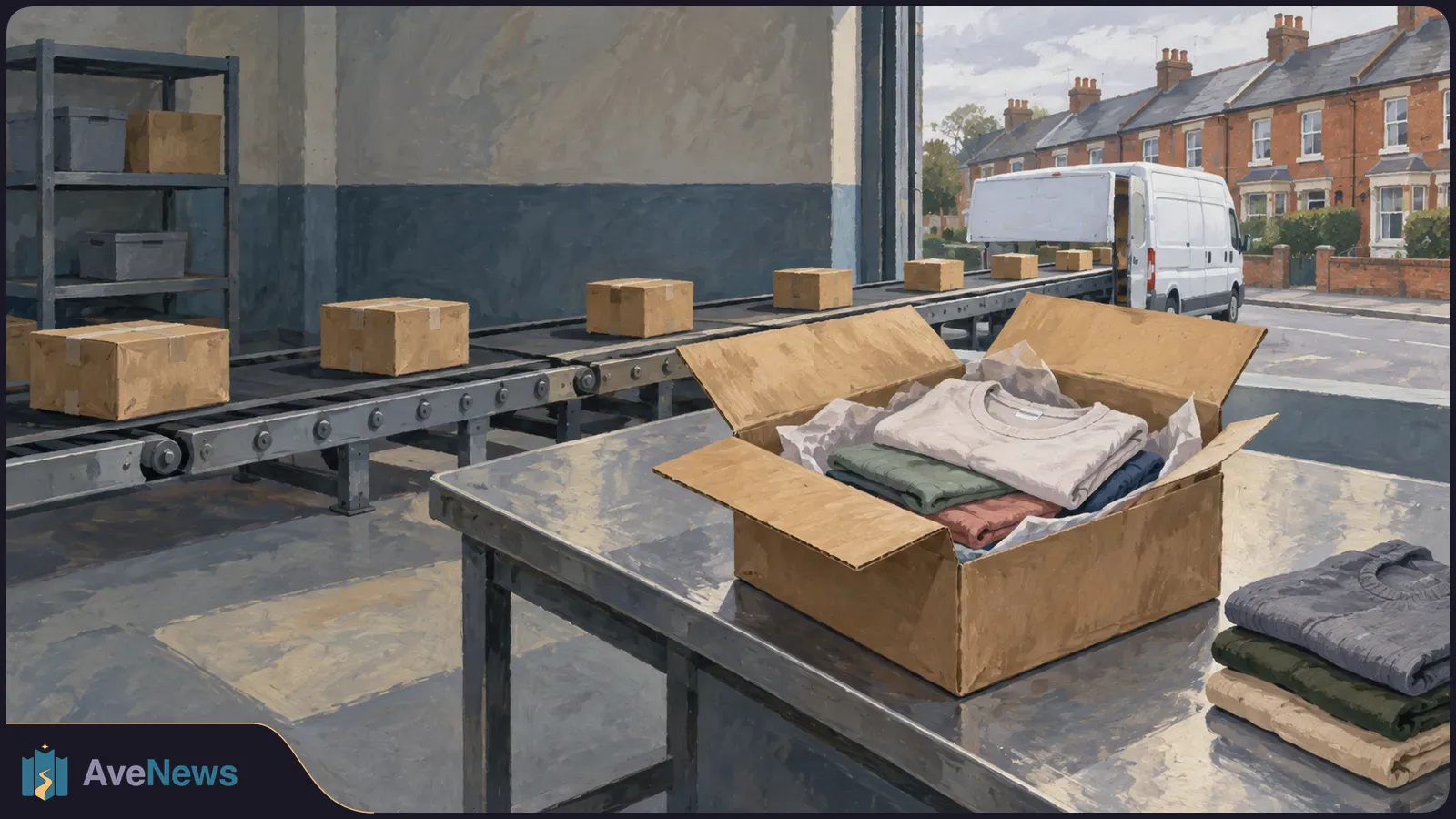 An open cardboard box of folded clothes sits on a packing table beside a parcel conveyor, with a white van outside the warehouse. SI illustration