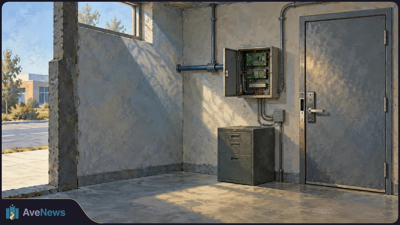An open electronic control box with circuit boards and wiring beside a metal door in a sunlit concrete room. SI illustration