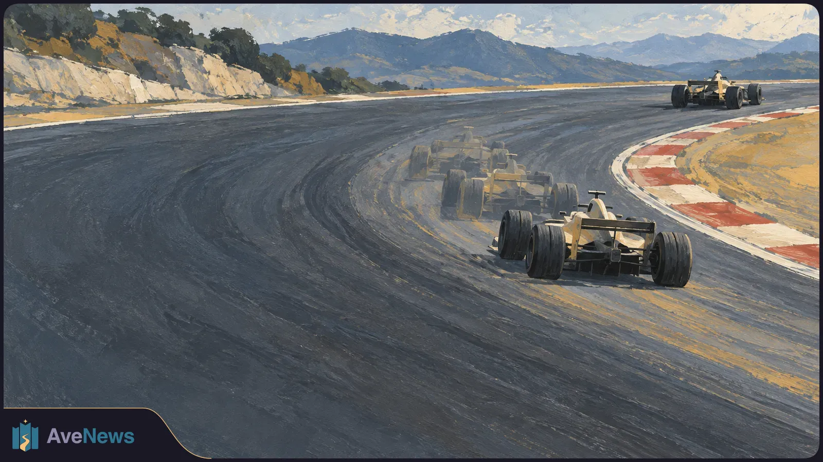 Painted open-wheel race cars round a broad track bend. Two faded cars appear between a foreground car and one farther ahead, with rocky hills and mountains beyond. SI illustration