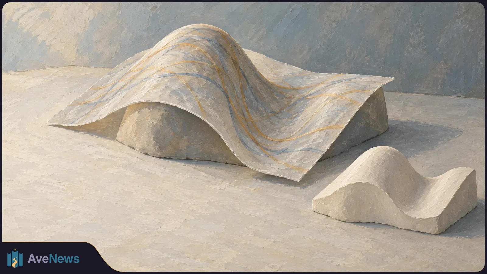 Illustration of a pale flexible sheet with thin blue and gold lines draped over curved forms, beside a smaller wave-shaped form. SI illustration
