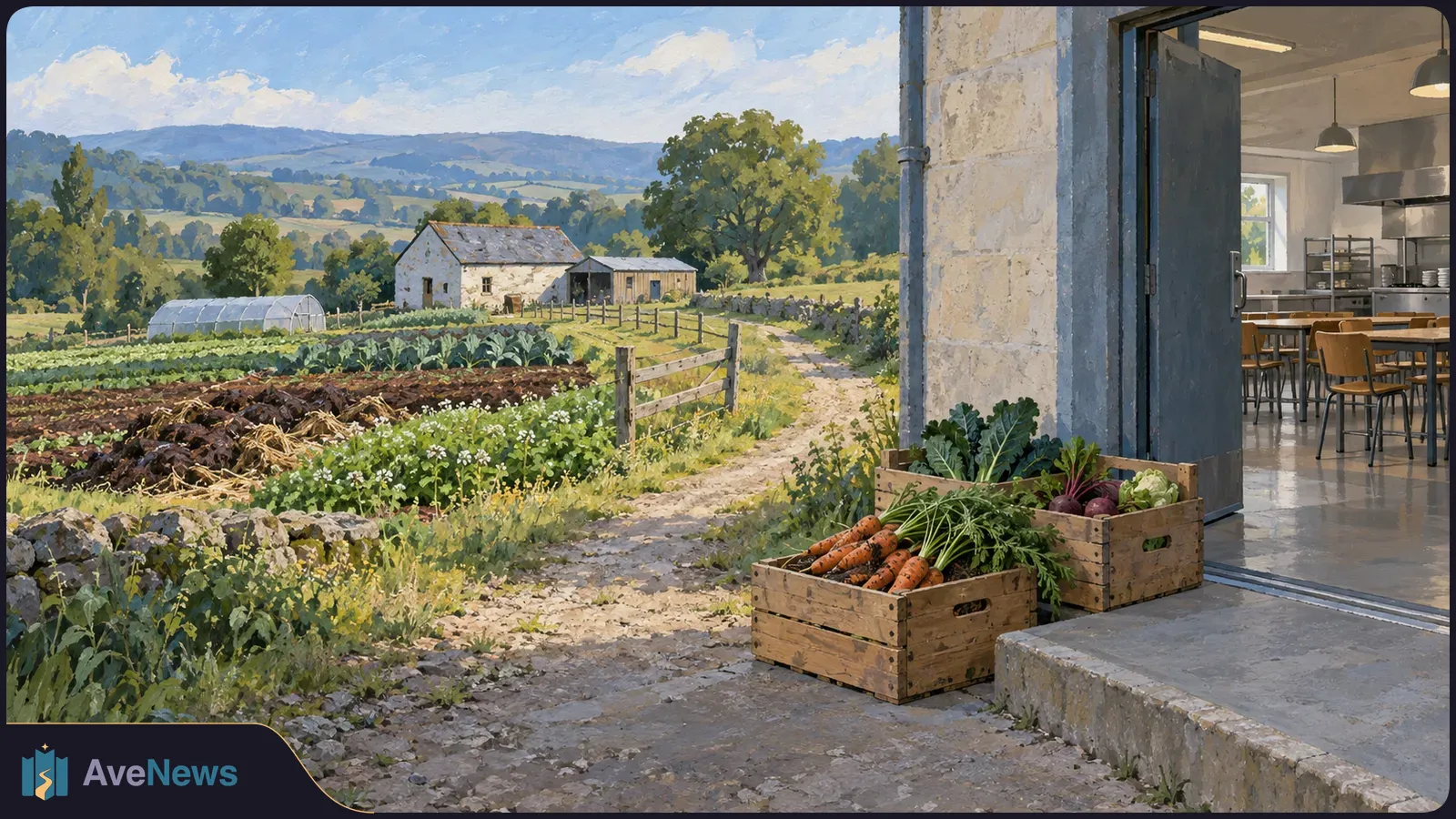 Painted scene of vegetable fields and a farm beside a doorway into a cafeteria kitchen, with wooden crates of carrots and greens in the foreground. SI illustration