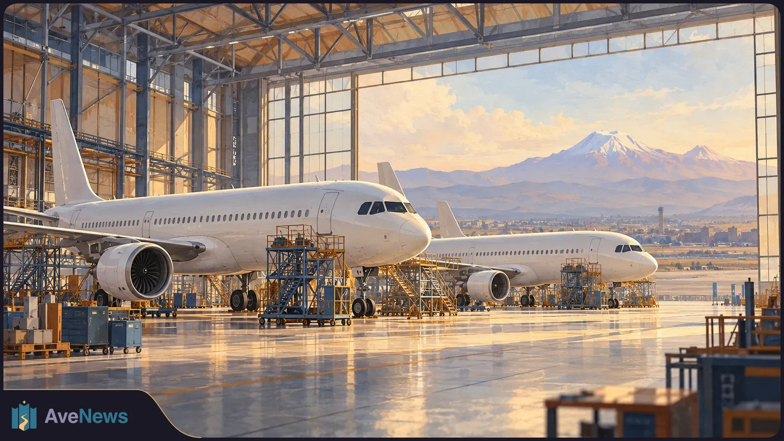 Two white passenger jets in a large hangar, with maintenance platforms around them and snow-capped mountains visible beyond the open doors. SI illustration